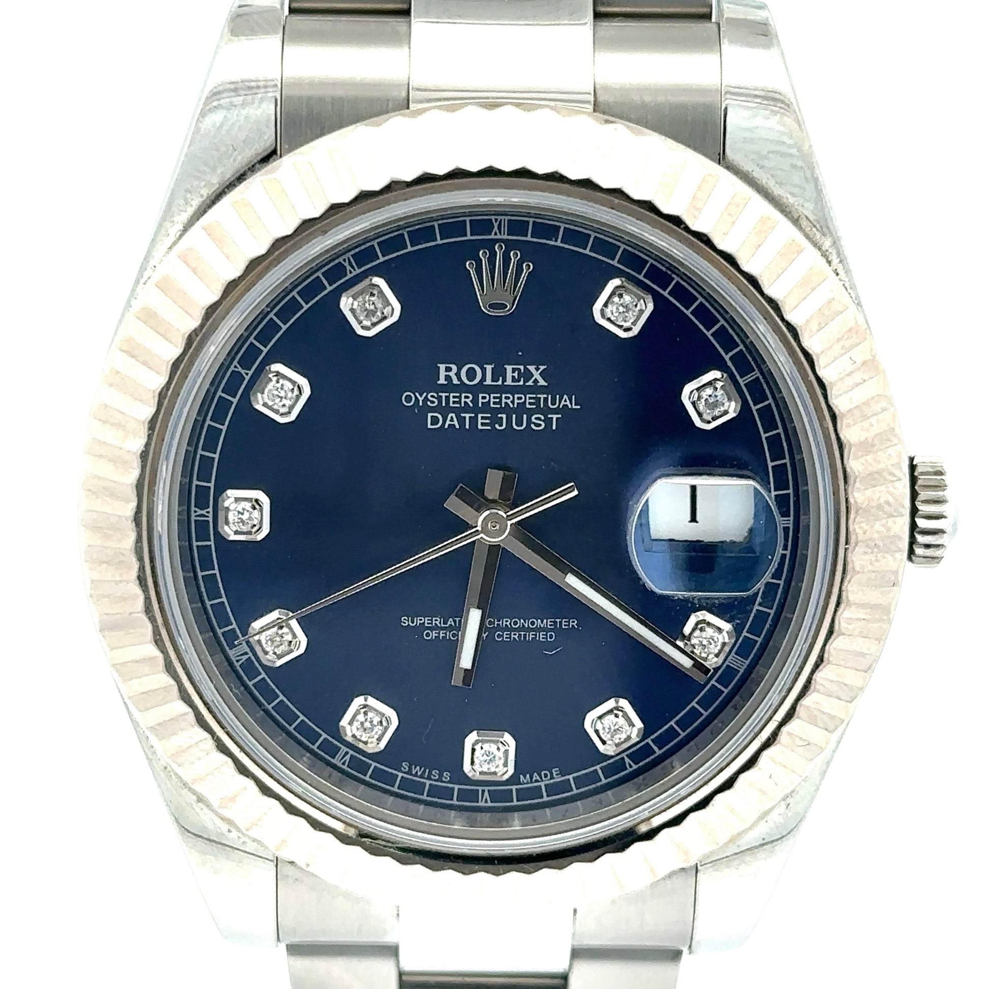 Close up of Rolex Blue face with 10 diamond hour markers 