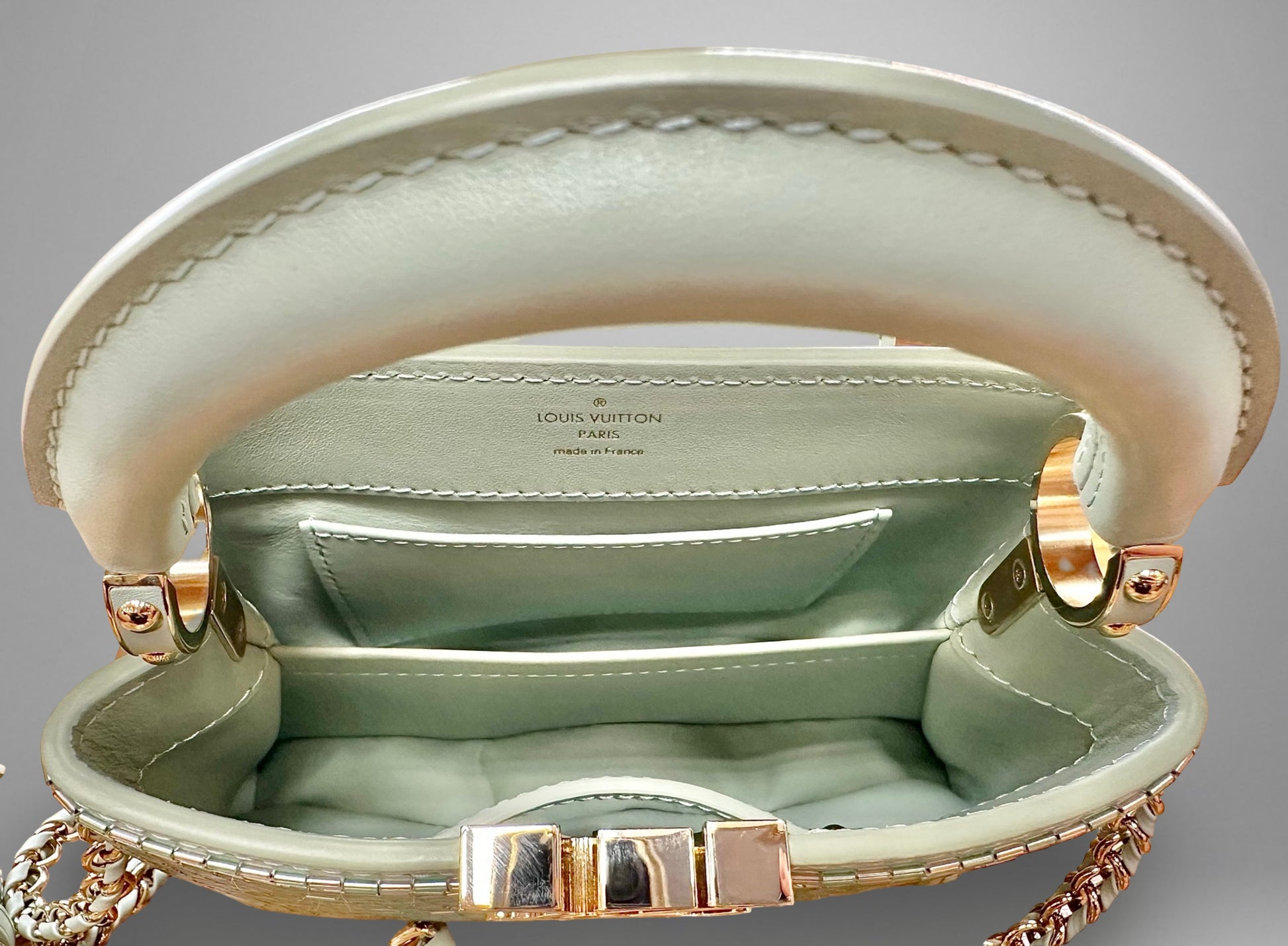 Close-up of a Louis Vuitton handbag with gold hardware on a gray background