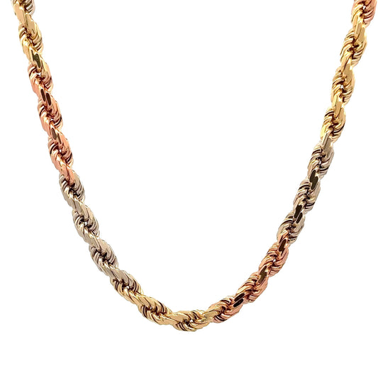 360 video of the yellow gold, white gold, and rose gold rope chain