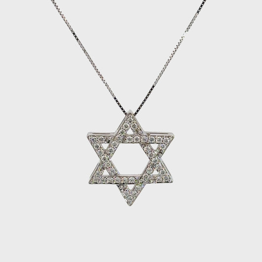 360 video of white gold star of david diamond necklace