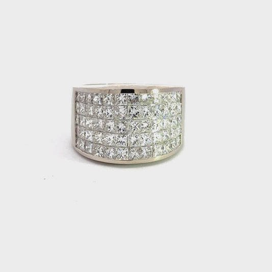 360 video of men's white gold diamond ring with polish marks on back. 5 rows of princess-cut diamonds on half the ring.