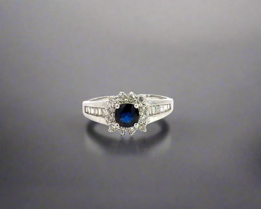 360 video of blue gemstone and diamond ladies flower ring in white gold