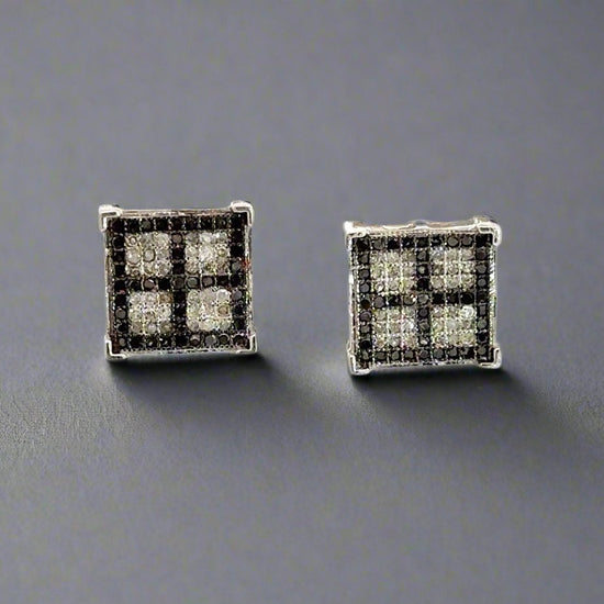 360 video of black and white diamond square stud earrings