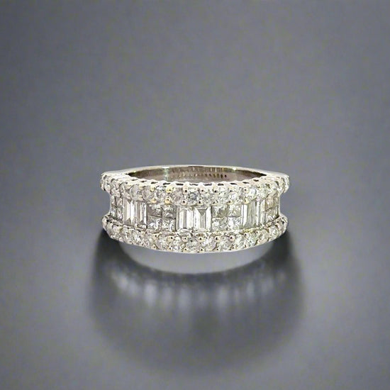360 video of white gold diamond ring with diamonds going half way around band and 14k stamp on inside