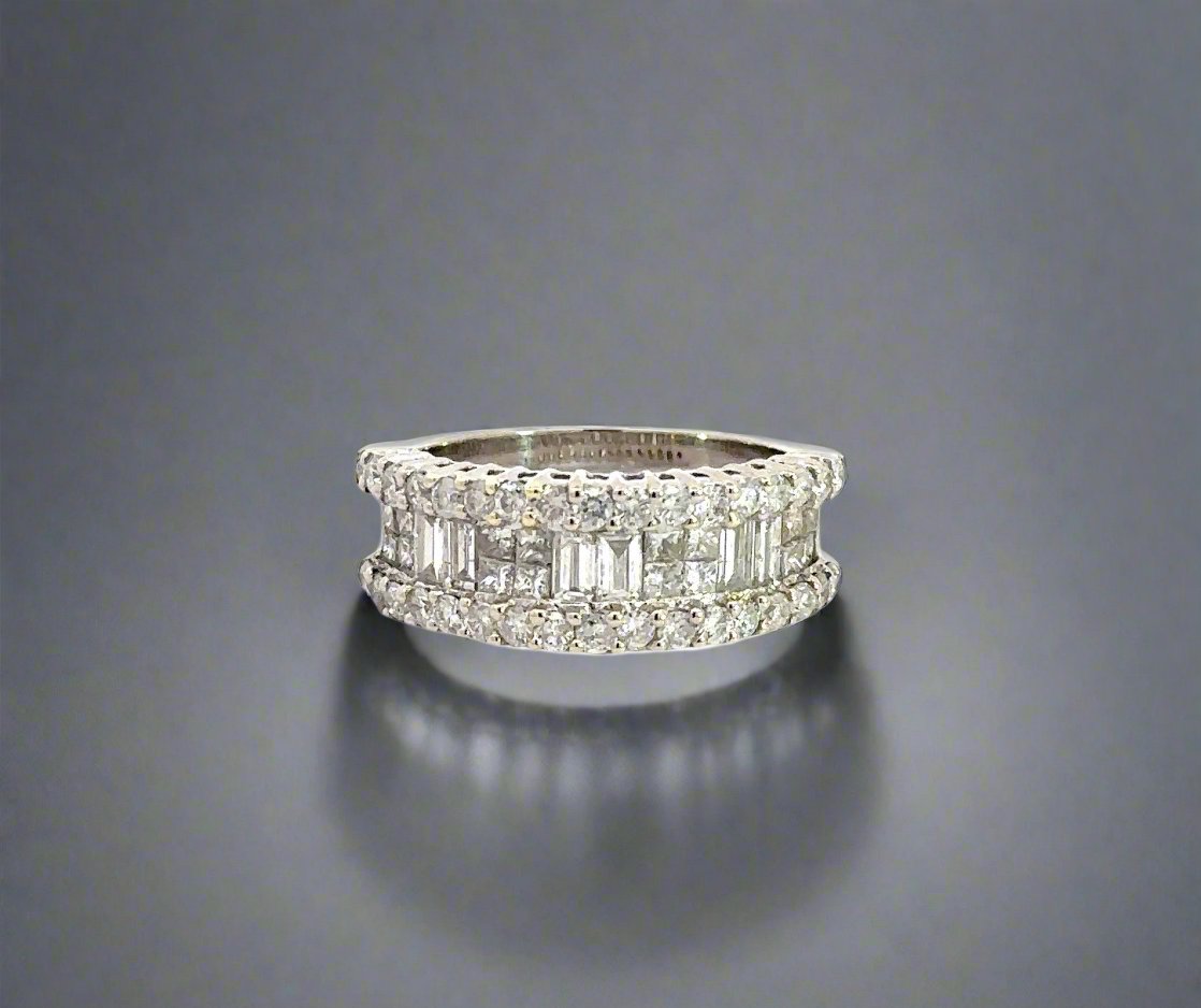 360 video of white gold diamond ring with diamonds going half way around band and 14k stamp on inside