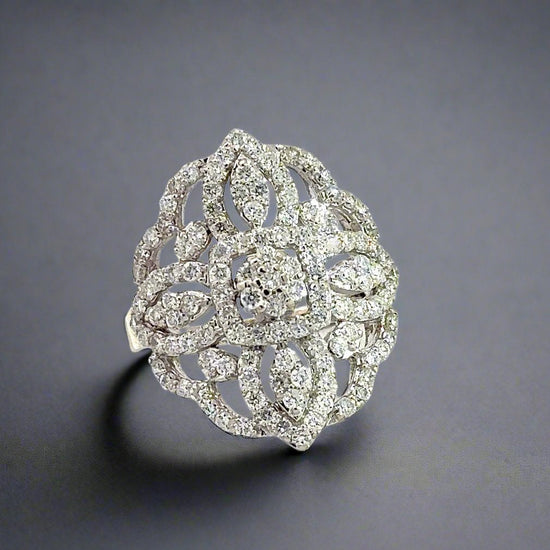 360 video of white gold floral cocktail cluster ring