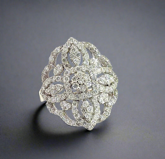 360 video of white gold floral cocktail cluster ring