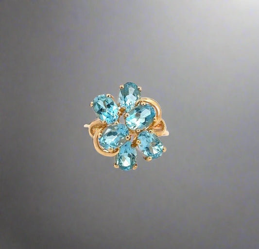 360 video of yellow gold ring with 6 blue oval-shaped gemstones