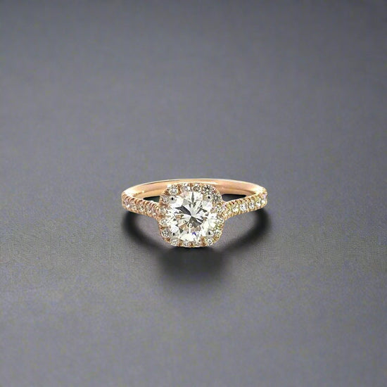 360 Video of rose gold diamond ring with diamonds on half the band on each side, diamond halo, diamond hidden halo, and round center-stone diamond